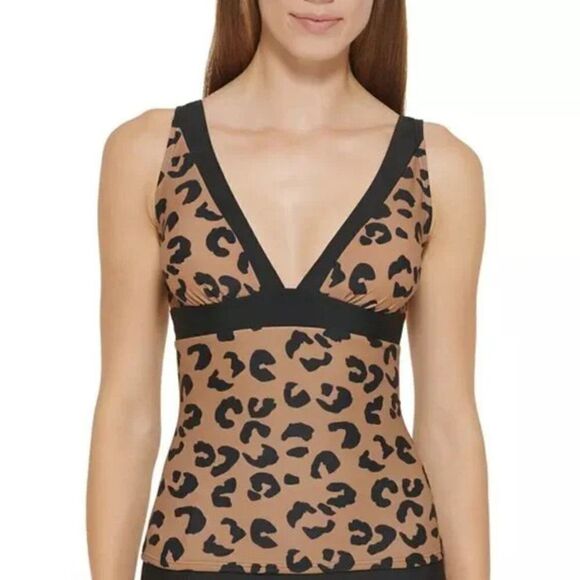 Brand New! DKNY Leopard Print Tankini‎ Swim Top Mocha Brown XL - Picture 1 of 4